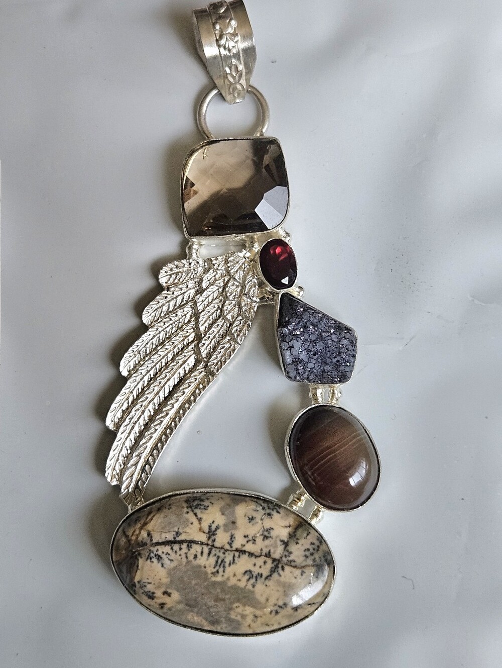 Wing Dendrite, Lace Agate,  Smoky Quartz & Druzy 925 Big Pendant